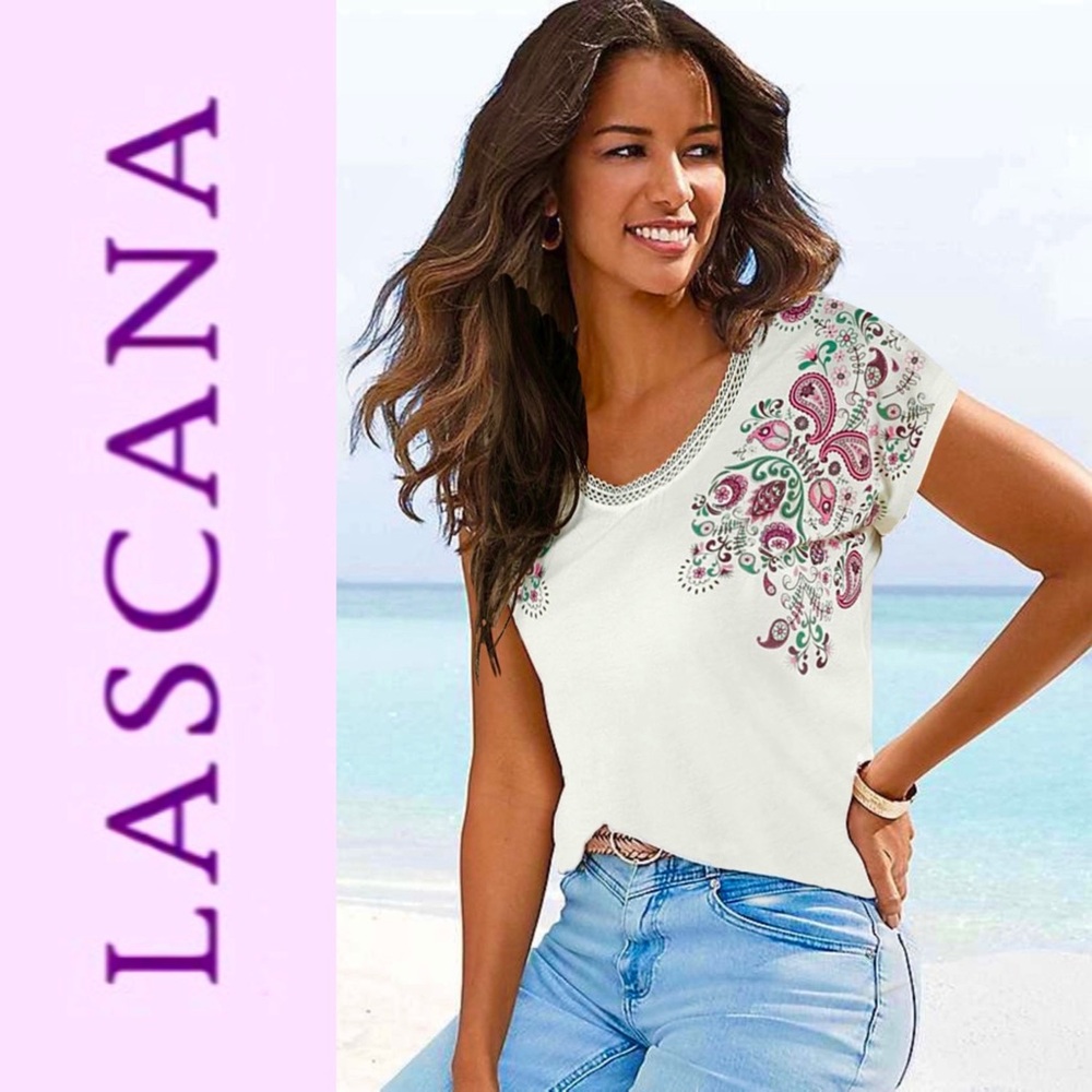 LASCANA for VENUS Lace Trimmed Paisley Detail Top in Off-White- Like New- Size S